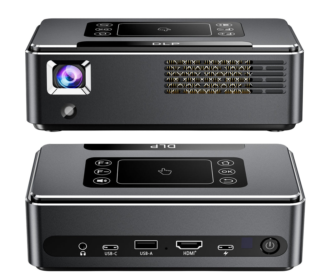 Portable DLP LED projector from front and back with cooling grille, ports, and control buttons