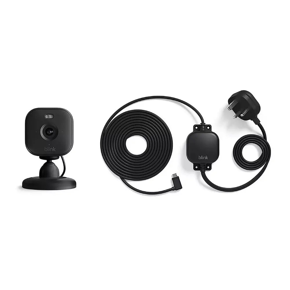 Blink Mini 2 security camera bundle with power adaptor, mounting base, and cables
