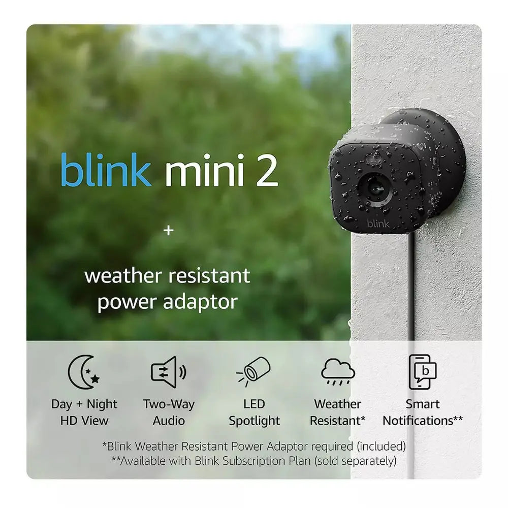 Blink Mini 2 weather-resistant power adaptor display card with outdoor camera