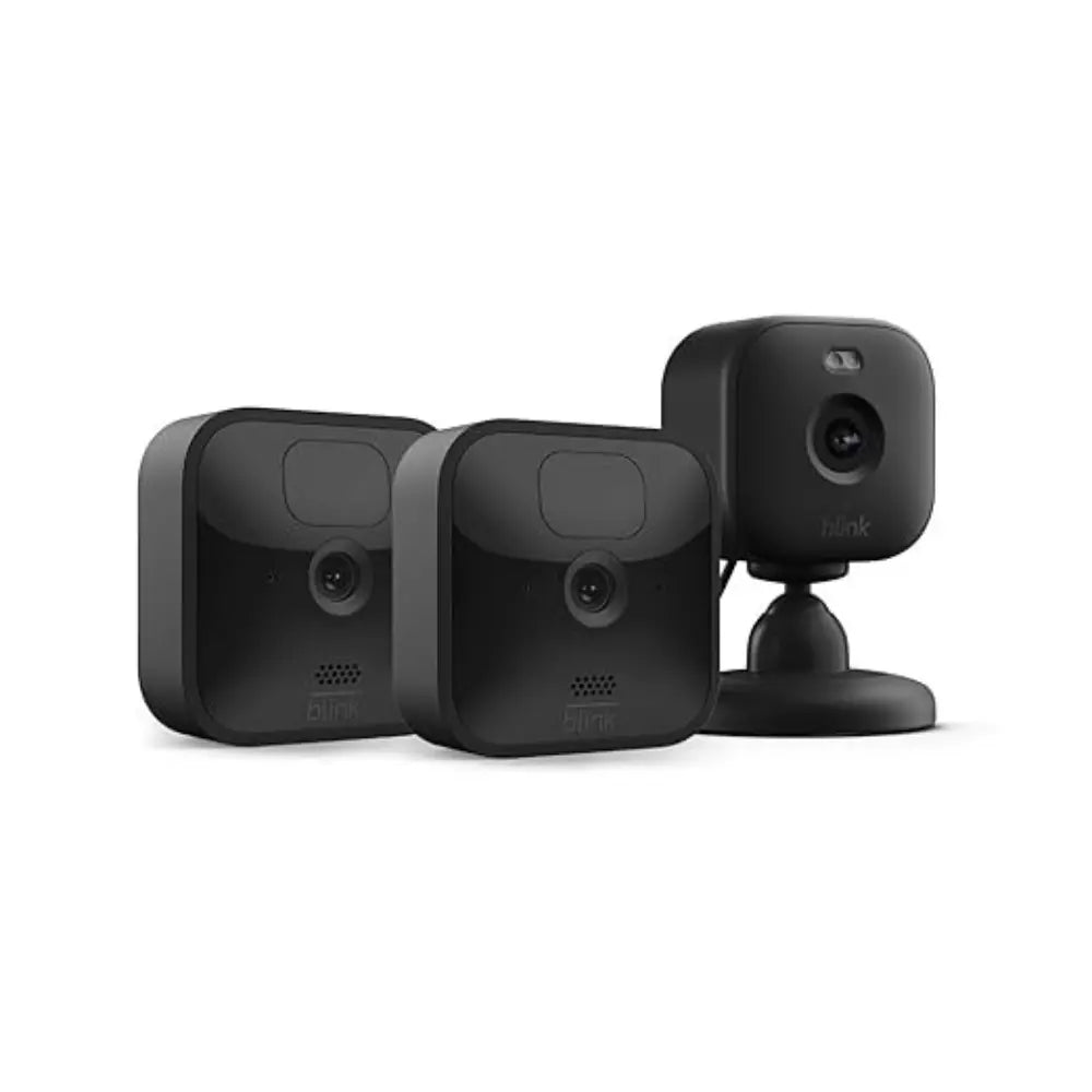 Outdoor security camera system with two cameras and a compact mini camera, black