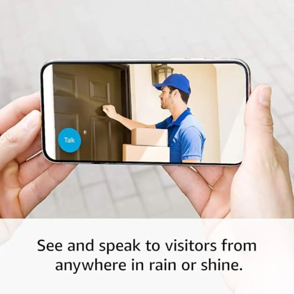 Smartphone live view of outdoor camera with two-way talk icon, black frame