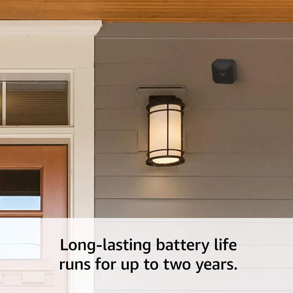 Outdoor wall-mounted security camera with lens, small black housing