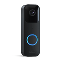 Black Blink video doorbell with front camera lens and blue LED ring