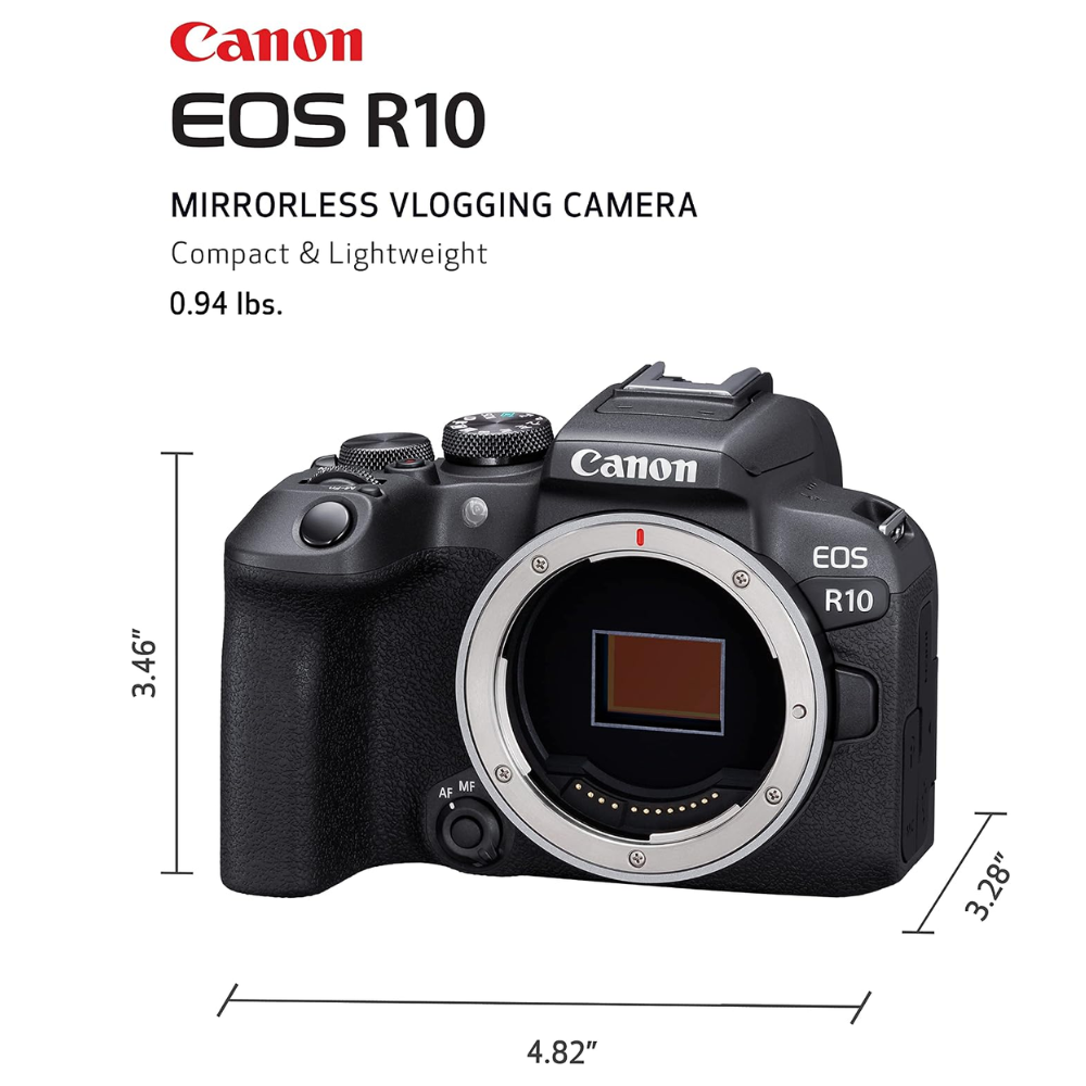 Black Canon EOS R10 mirrorless camera, lens mount view with size dimensions