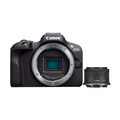 Black Canon EOS R100 mirrorless camera with RF-S 18-45mm lens