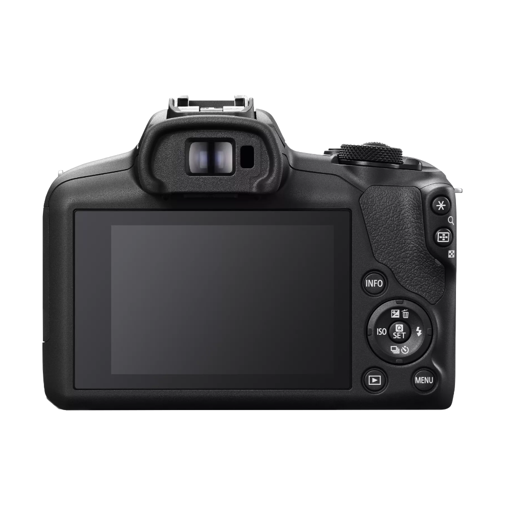 Black Canon EOS R100 camera body with rear LCD and control buttons