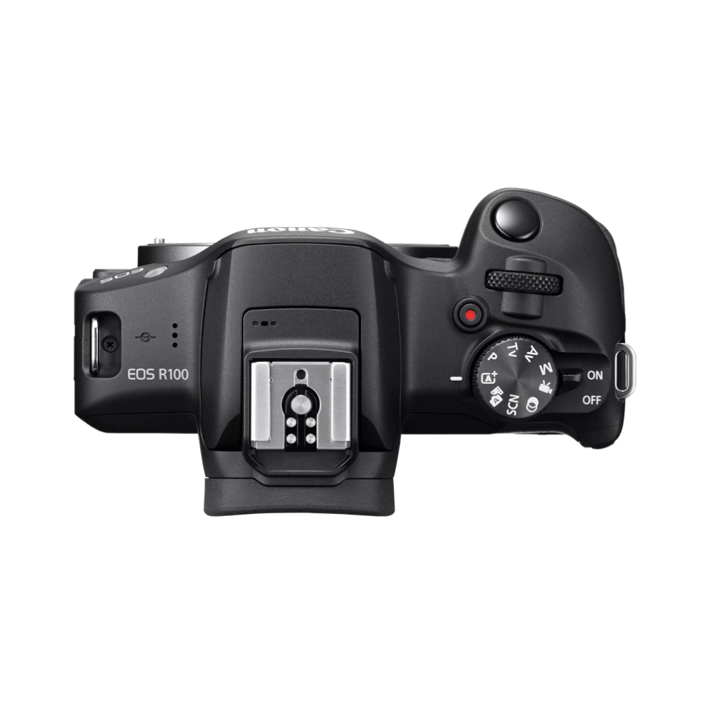 Black Canon EOS R100 camera with top mode dial and control wheel