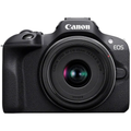 Black digital camera with attached lens, front view with Canon logo and EOS badge