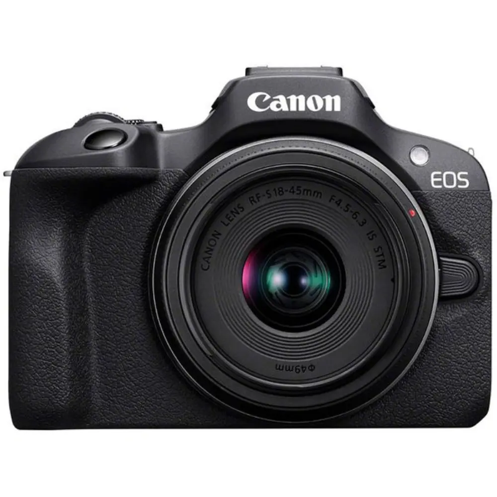 Black digital camera with attached lens, front view with Canon logo and EOS badge