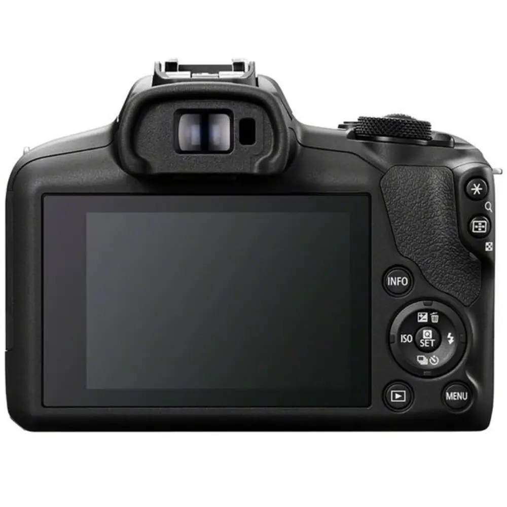 Black digital camera back view with LCD screen and control buttons