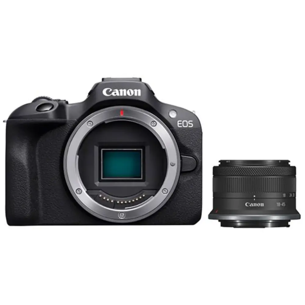 Black digital camera front view with detached lens beside it