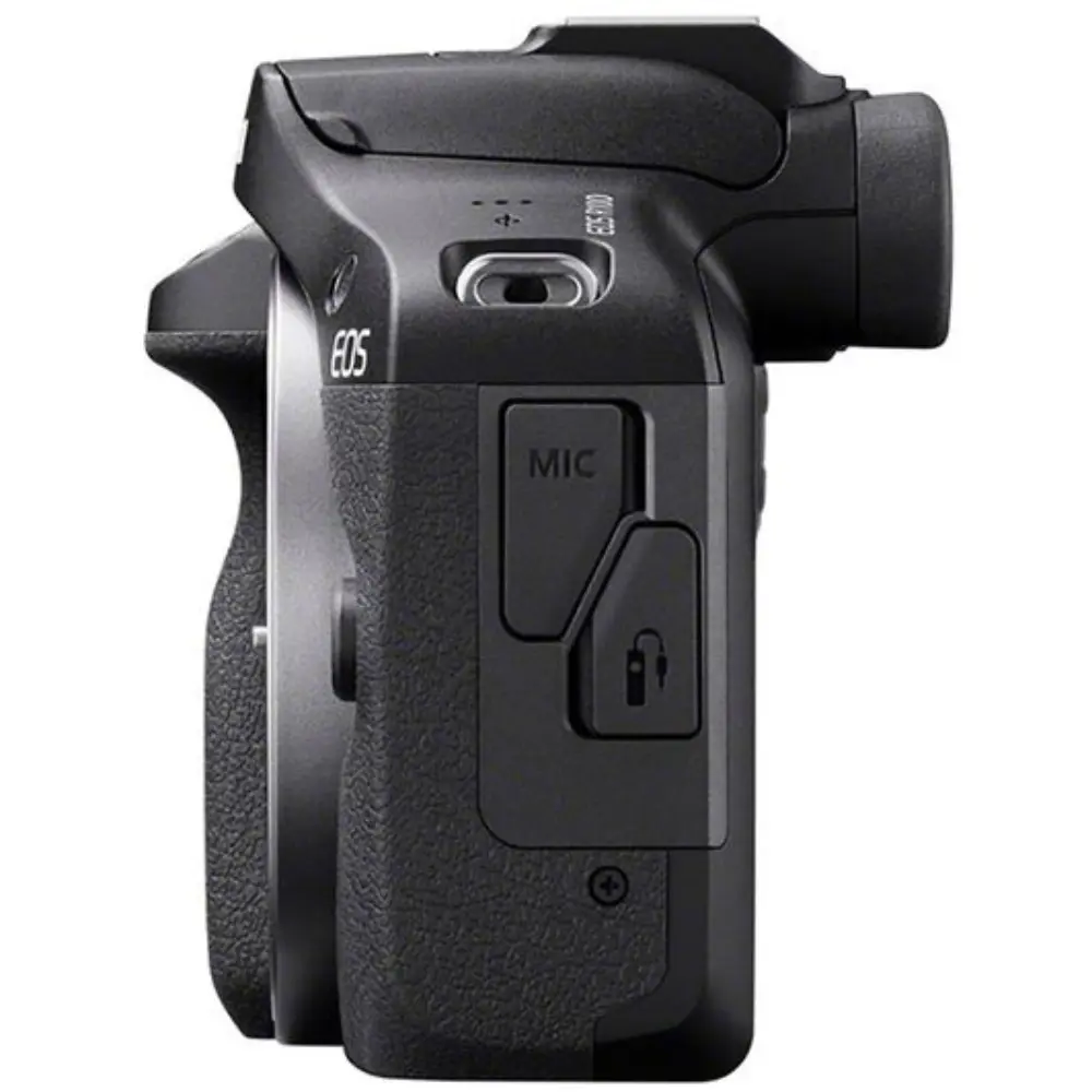 Black digital camera back side view with MIC cover and connection ports