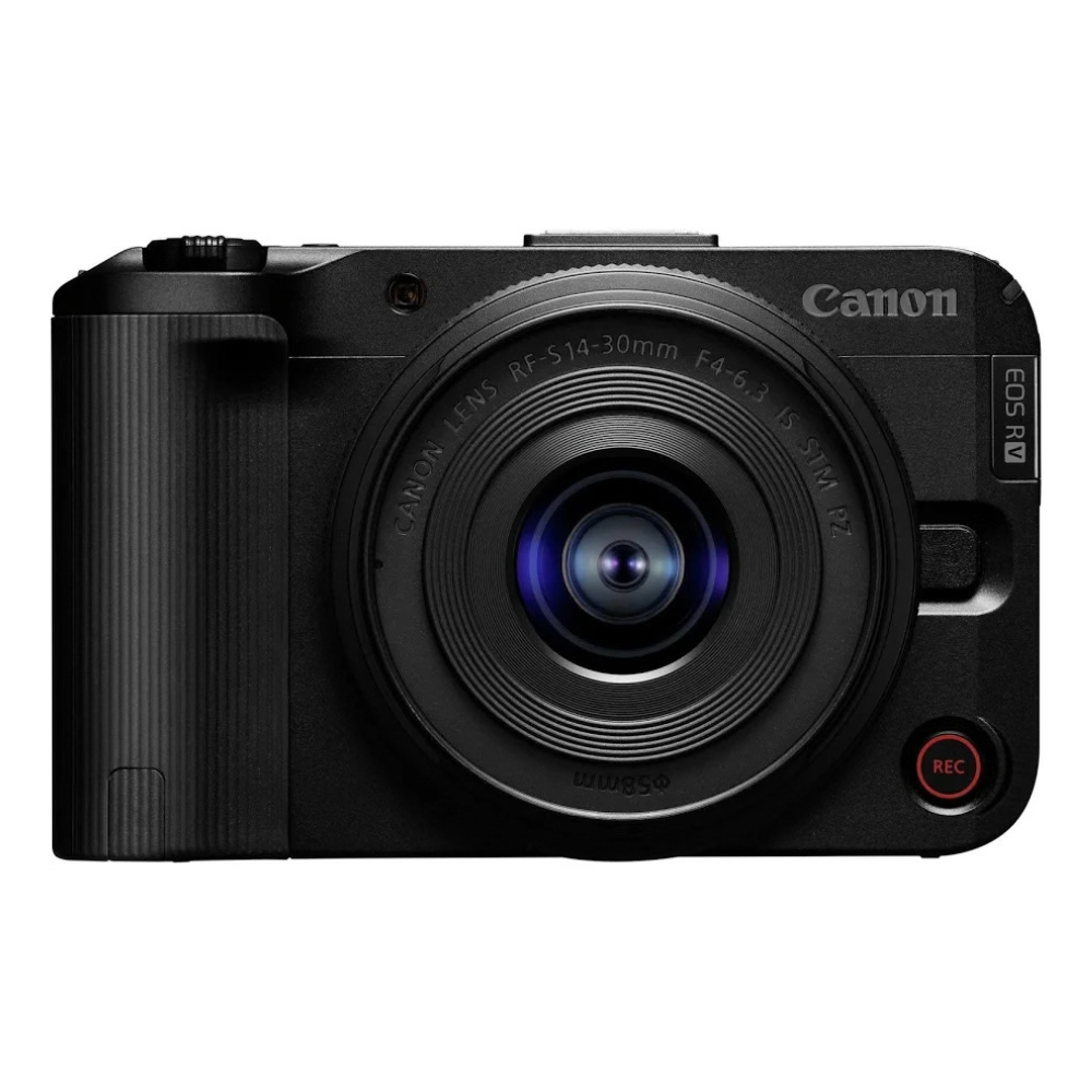 Canon mirrorless camera with attached 14-30mm lens, front view