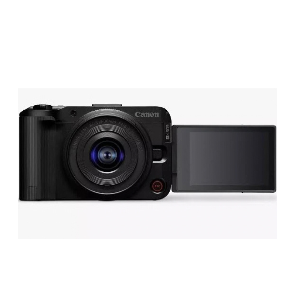 Canon mirrorless camera with LCD screen, side view, 14-30mm lens attached