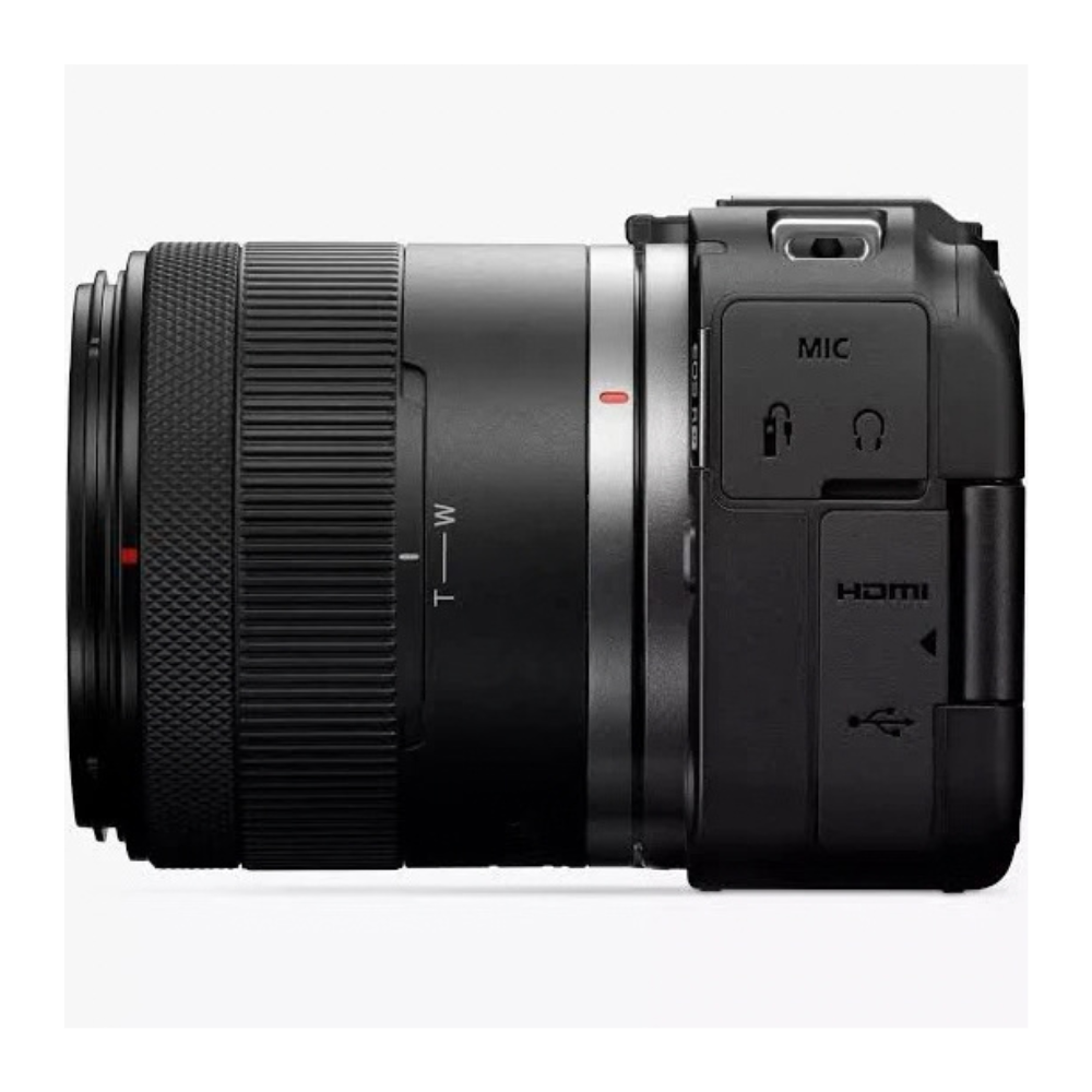 Canon mirrorless camera side panel with Mic and HDMI port labels