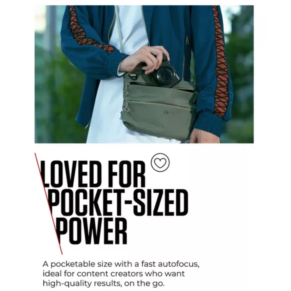 Pocket-size Canon PowerShot V1 camera inside a crossbody bag, lens facing forward
