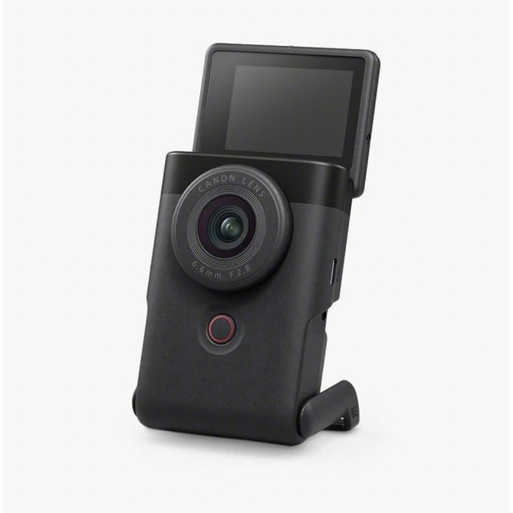 Black CANON Powershot V10 vlog camera with front lens and upright LCD screen