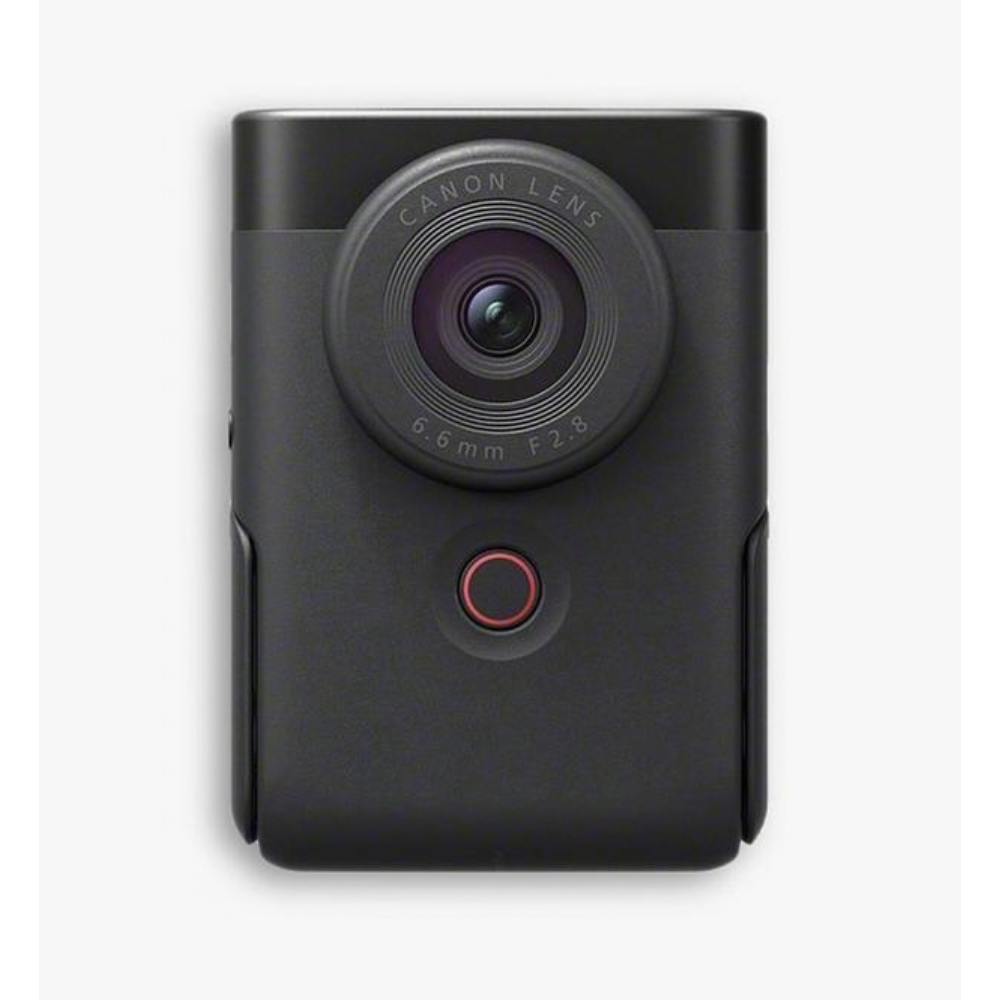 Black CANON Powershot V10 vlog camera front view with lens and red record button