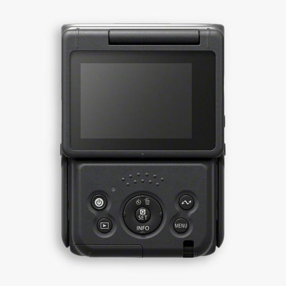 Black CANON Powershot V10 camera with open LCD display and control buttons