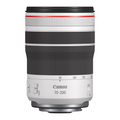 Telephoto zoom lens with black barrel, silver bands, and red accent ring