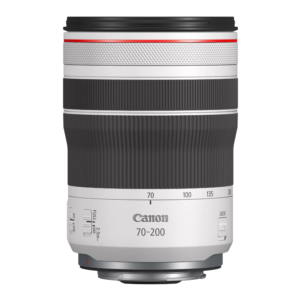 Telephoto zoom lens with black barrel, silver bands, and red accent ring