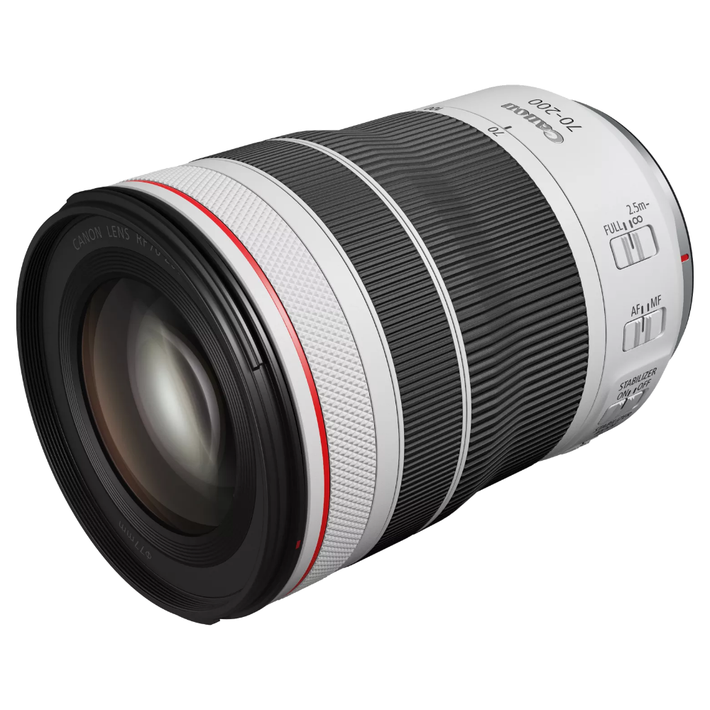 Telephoto zoom lens front end, ribbed black grip with red trim and silver collar