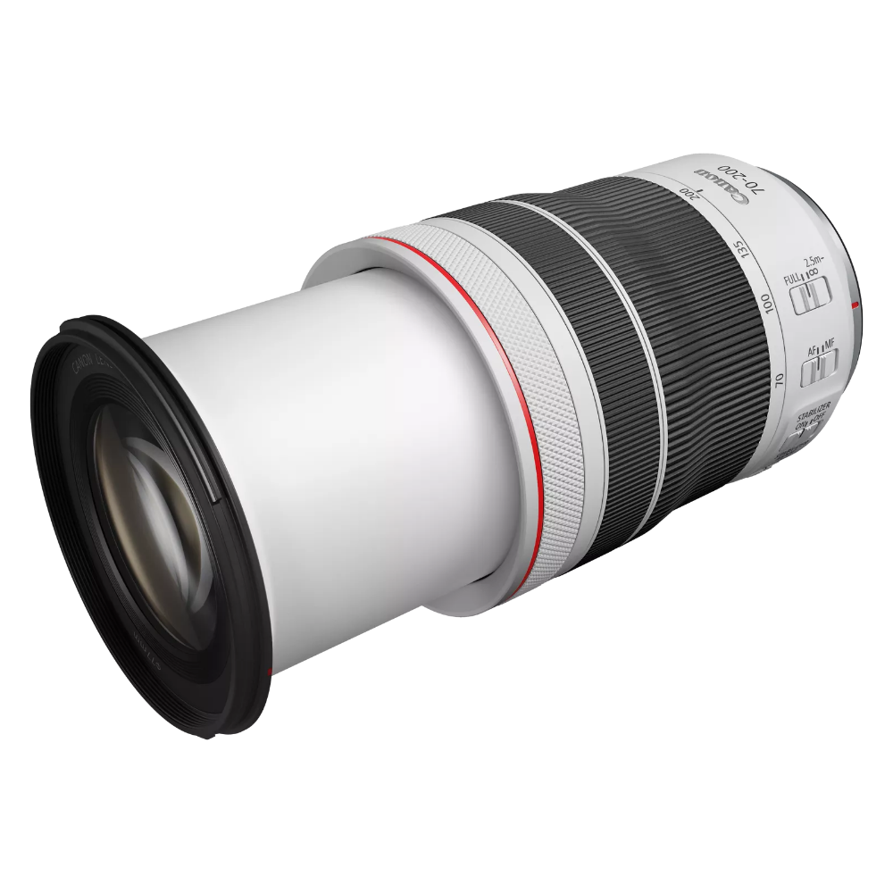 Telephoto zoom lens with front glass element, silver body and red accent ring