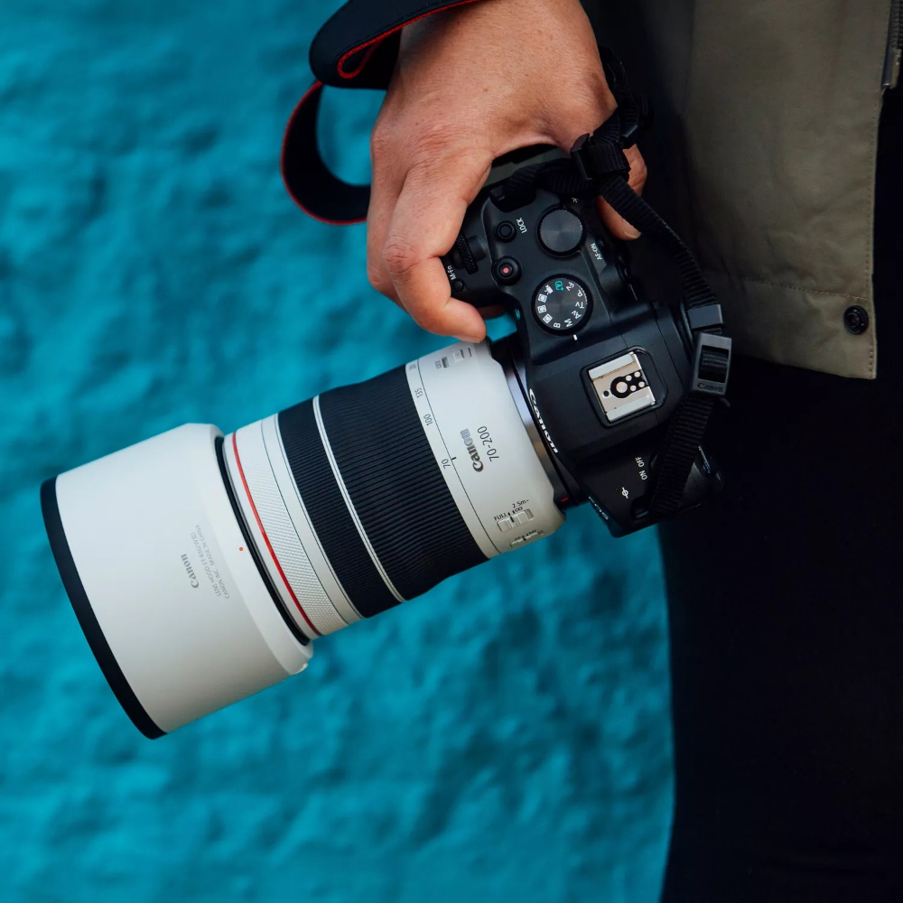 Telephoto zoom lens attached to camera body, held by a person