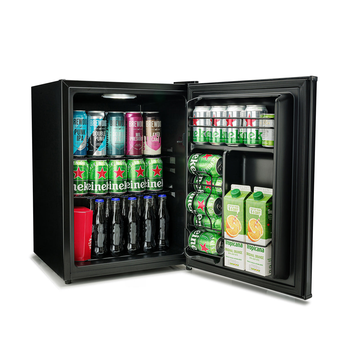 Black beer fridge with open door, internal shelves stocked with cans and bottles