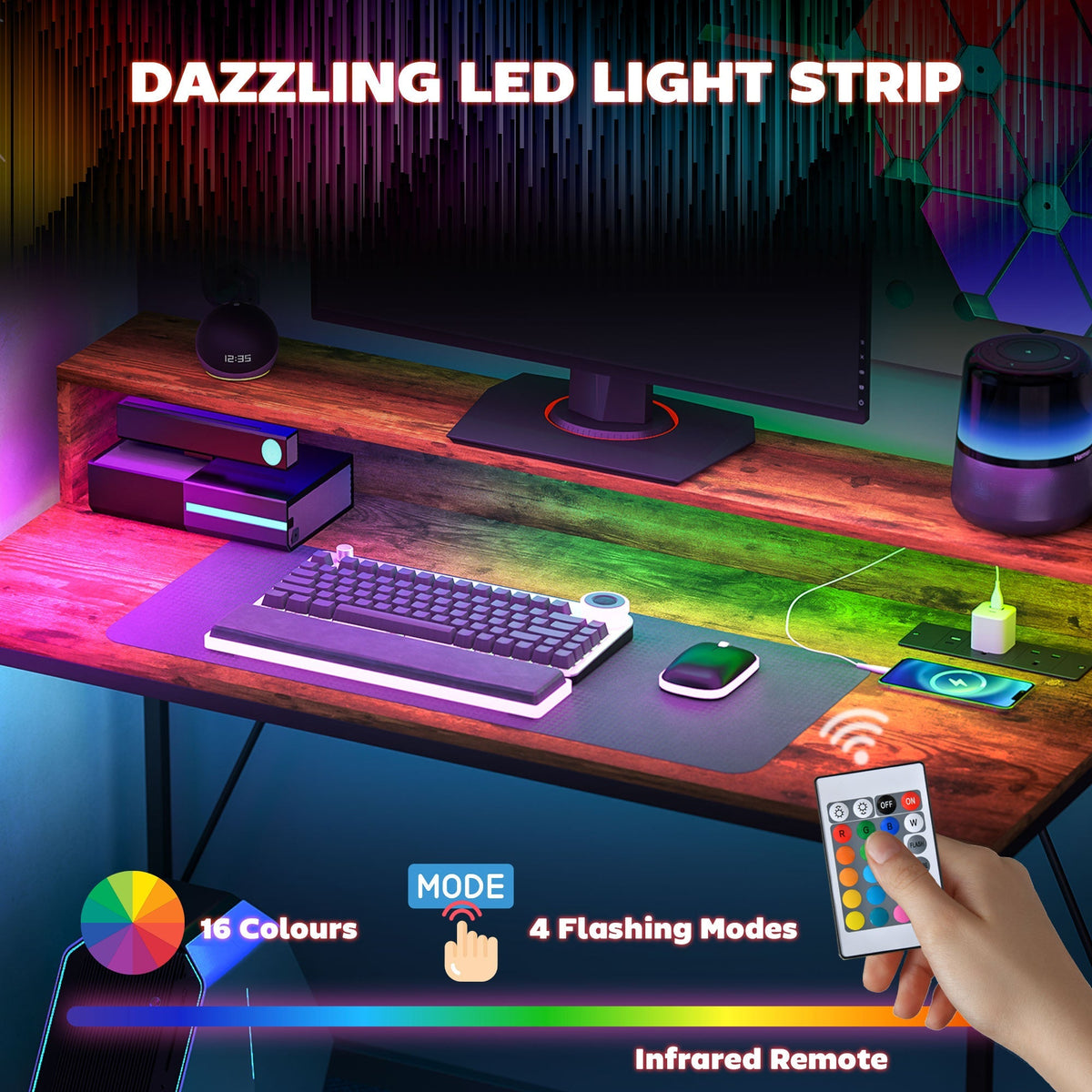 Computer desk with vivid LED light strip, keyboard, speakers, and infrared remote