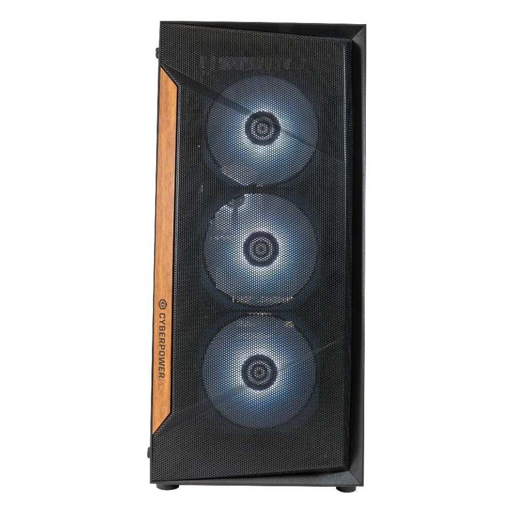 Gaming desktop PC with three front RGB fans and black mesh front