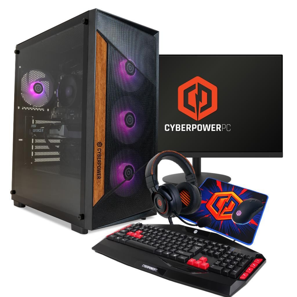 Gaming desktop PC with side view RGB fans and included keyboard, headset, mouse
