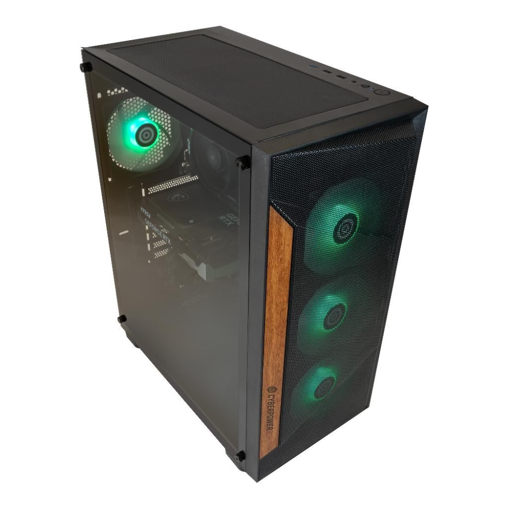 Gaming desktop PC with black case, wooden strip, and three green RGB fans