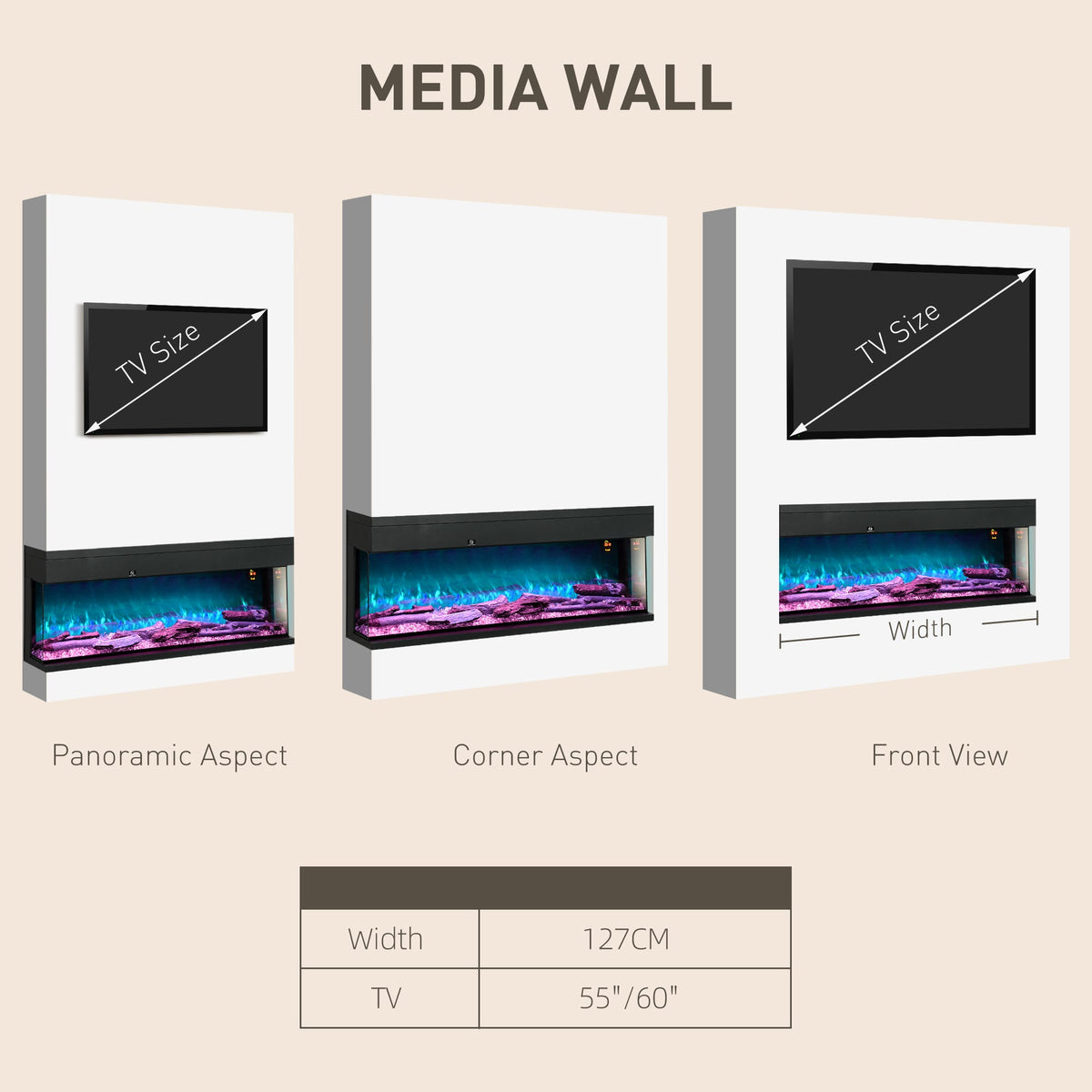 Glass-panel electric flame convector heater for media wall with TV size and width diagrams.