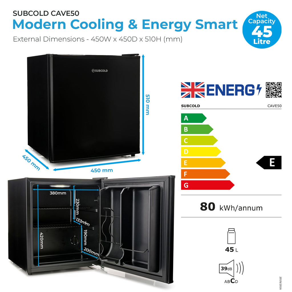 Black SUBCOLD Cave50 mini fridge infographic with 45 L capacity and energy label