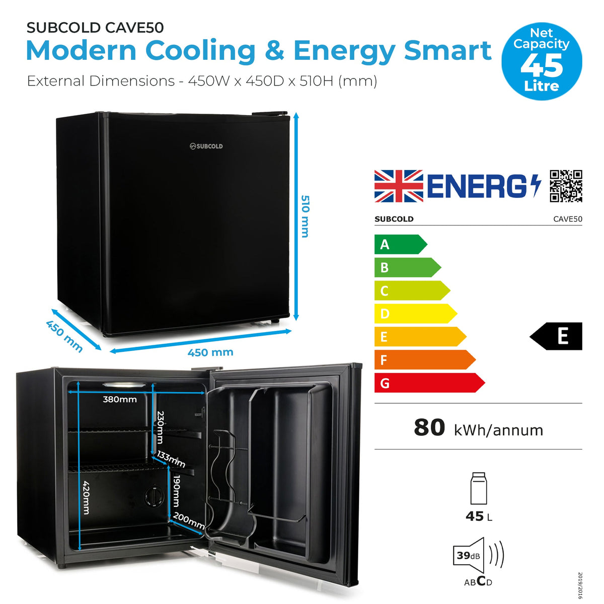 Black SUBCOLD Cave50 mini fridge infographic with 45 L capacity and energy label