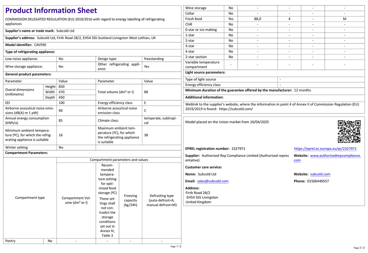 Subcold Cave90 product information sheet with specifications table