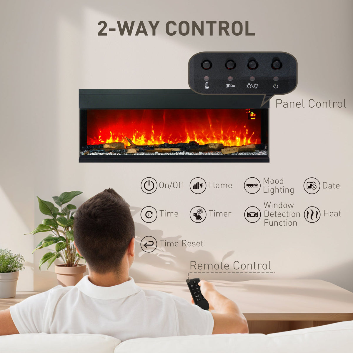 Black glass-panel electric flame convector heater with control panel and remote, red flame window.