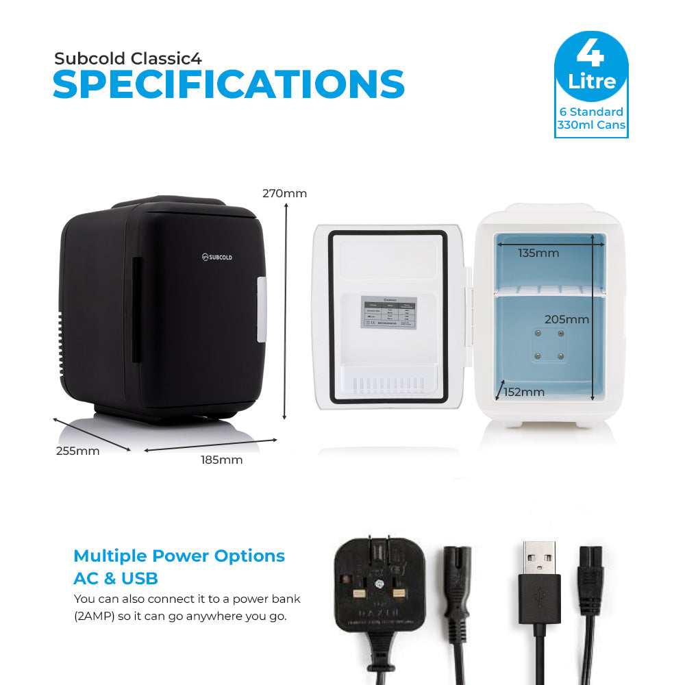Portable mini fridge with dimensions view and multiple power accessory cables