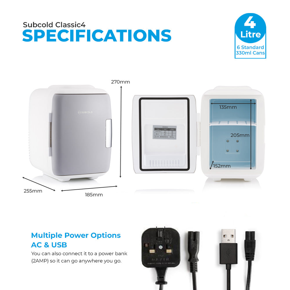 Subcold Classic4 mini fridge view with dimensions and power cable options diagram.
