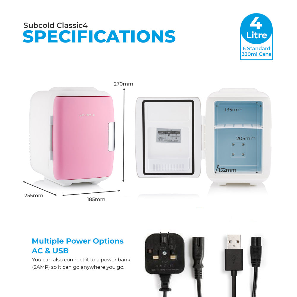 Pink mini fridge shown from front and side with size and power port details