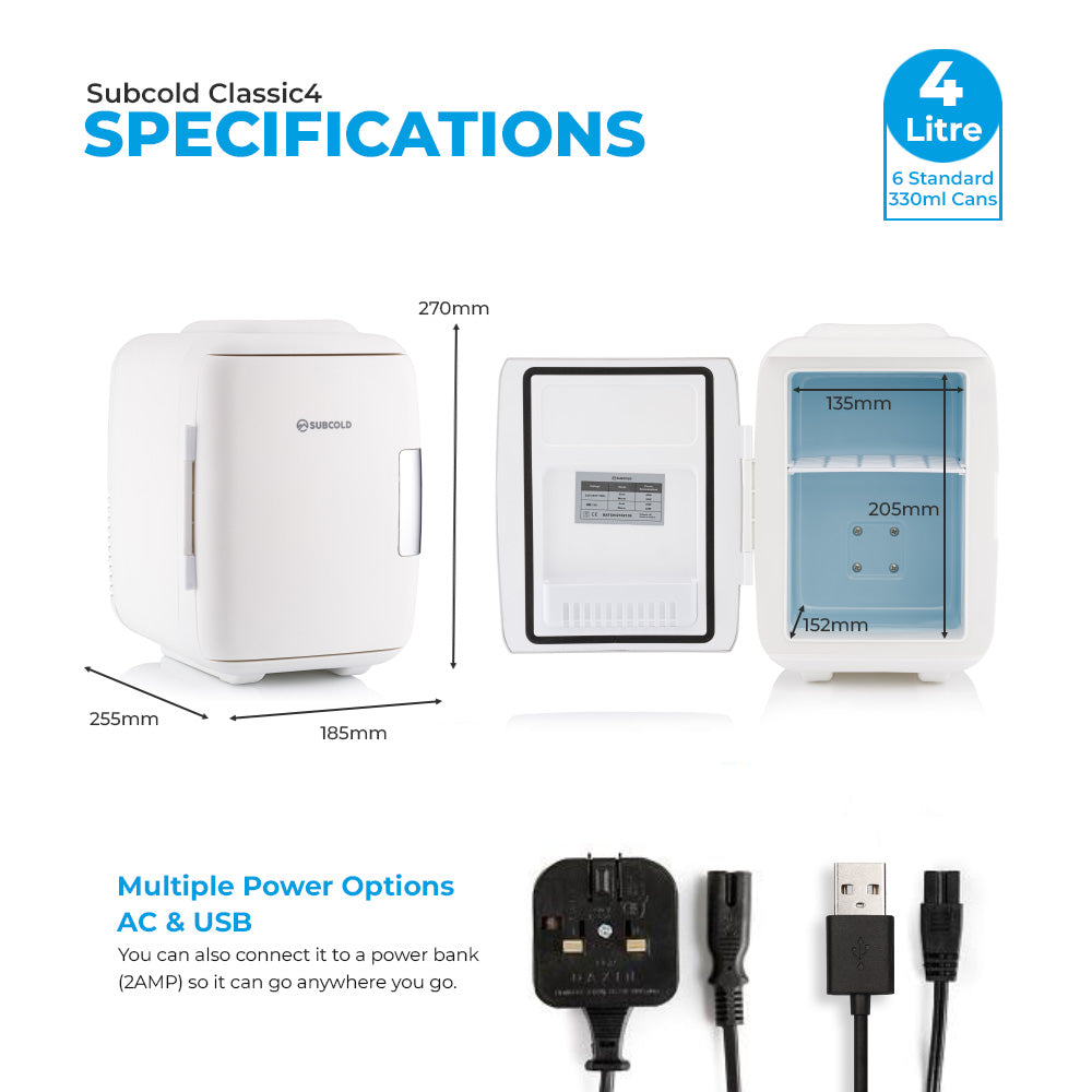 White mini fridge with front door open and side dimensions on product diagram