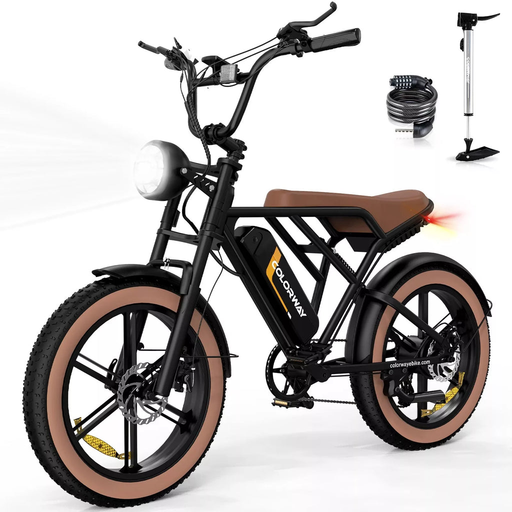 Side view of orange-accent electric fat-tire bike with headlight and rear rack.