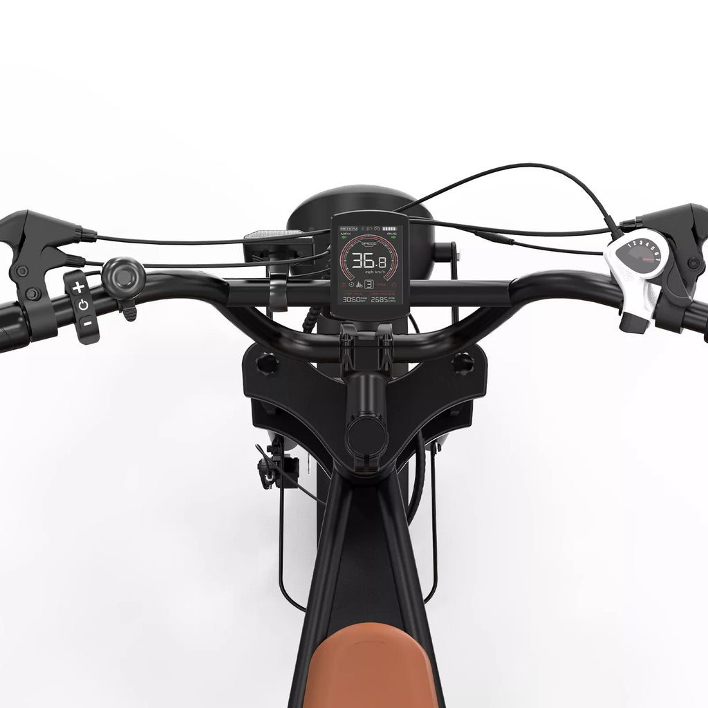 Electric bike handlebars with digital display and cable wiring, black frame.