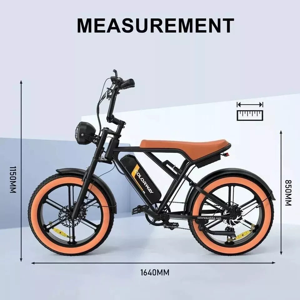 Orange-accented electric fat-tire bike with compact frame and wide saddle.