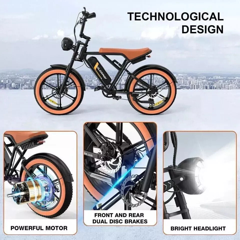 Electric fat-tire bike with orange seat and wheels, dual-disc brake styling visible.