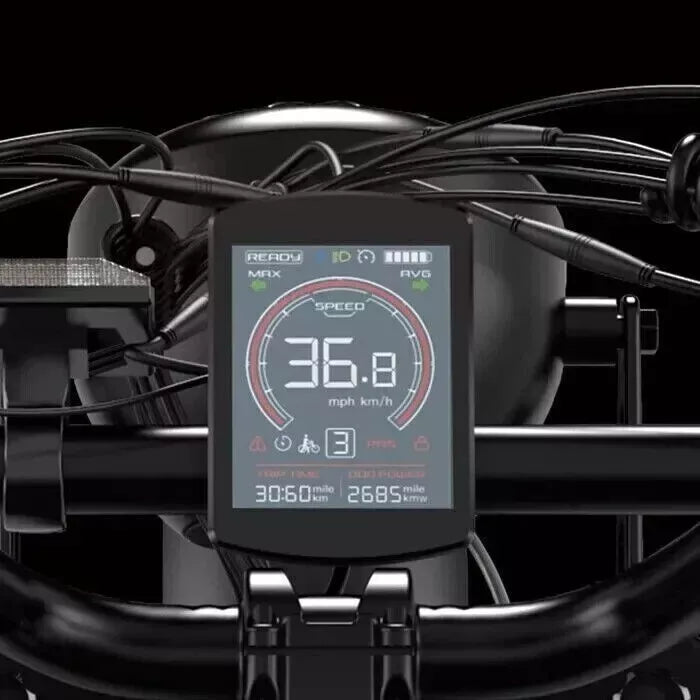 Digital speed display on electric bike, showing speed and ride metrics.