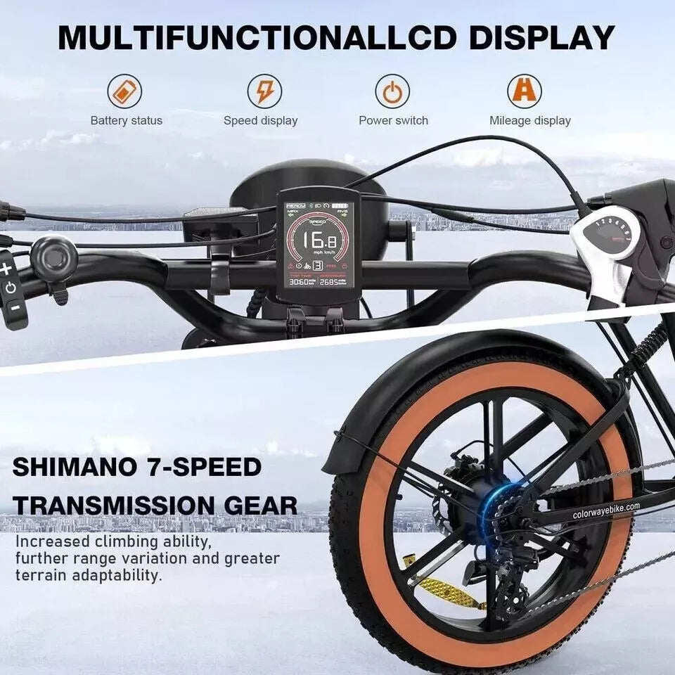 Electric bike front display, handlebars, and orange-rim fat tires.