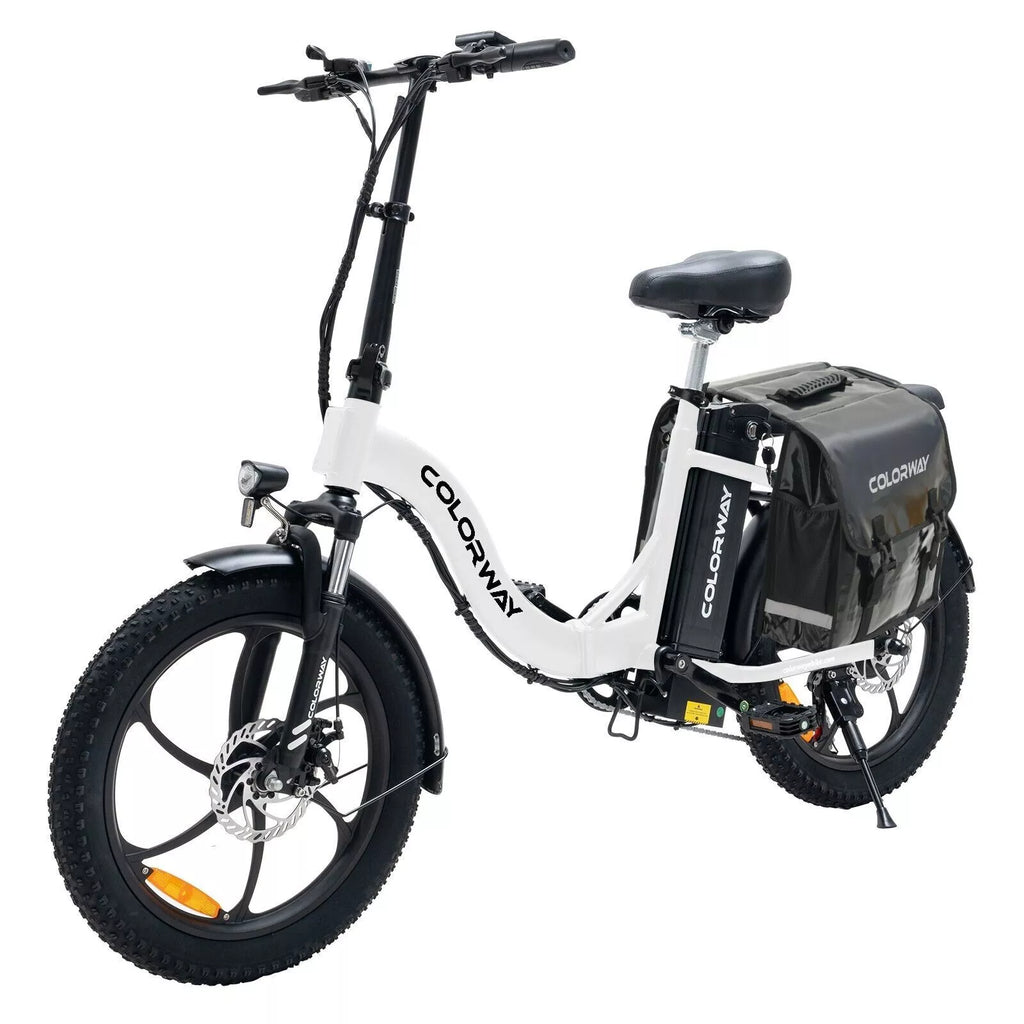 White Colorway compact electric bike with front headlight and rear cargo pannier bag