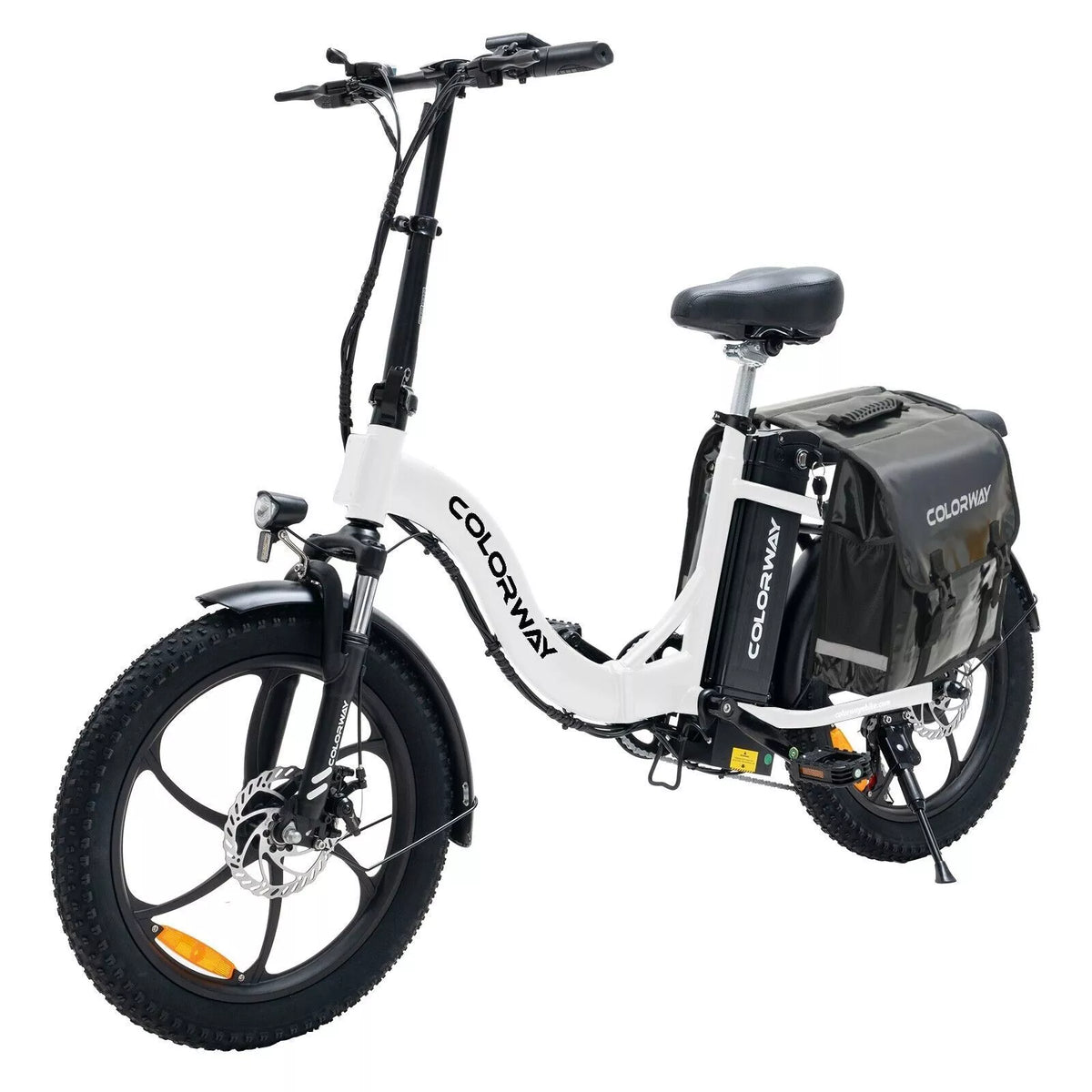 White Colorway compact electric bike with front headlight and rear cargo pannier bag